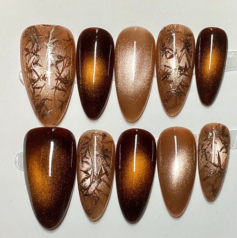 Fall Light Dark Brown Cat Eye Leaves Almond Press On Nails Small Medium & Large